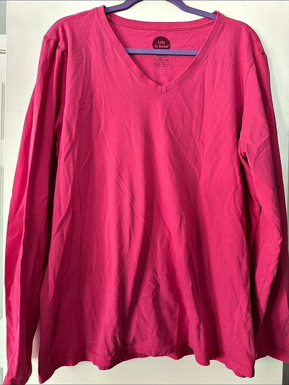 Life is Good Women's Long Sleeve Crusher Vee V-Neck Tee Pink XXL